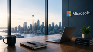 Executive workspace with Microsoft Surface laptop representing AI strategy and technology consulting.5d631bb98325