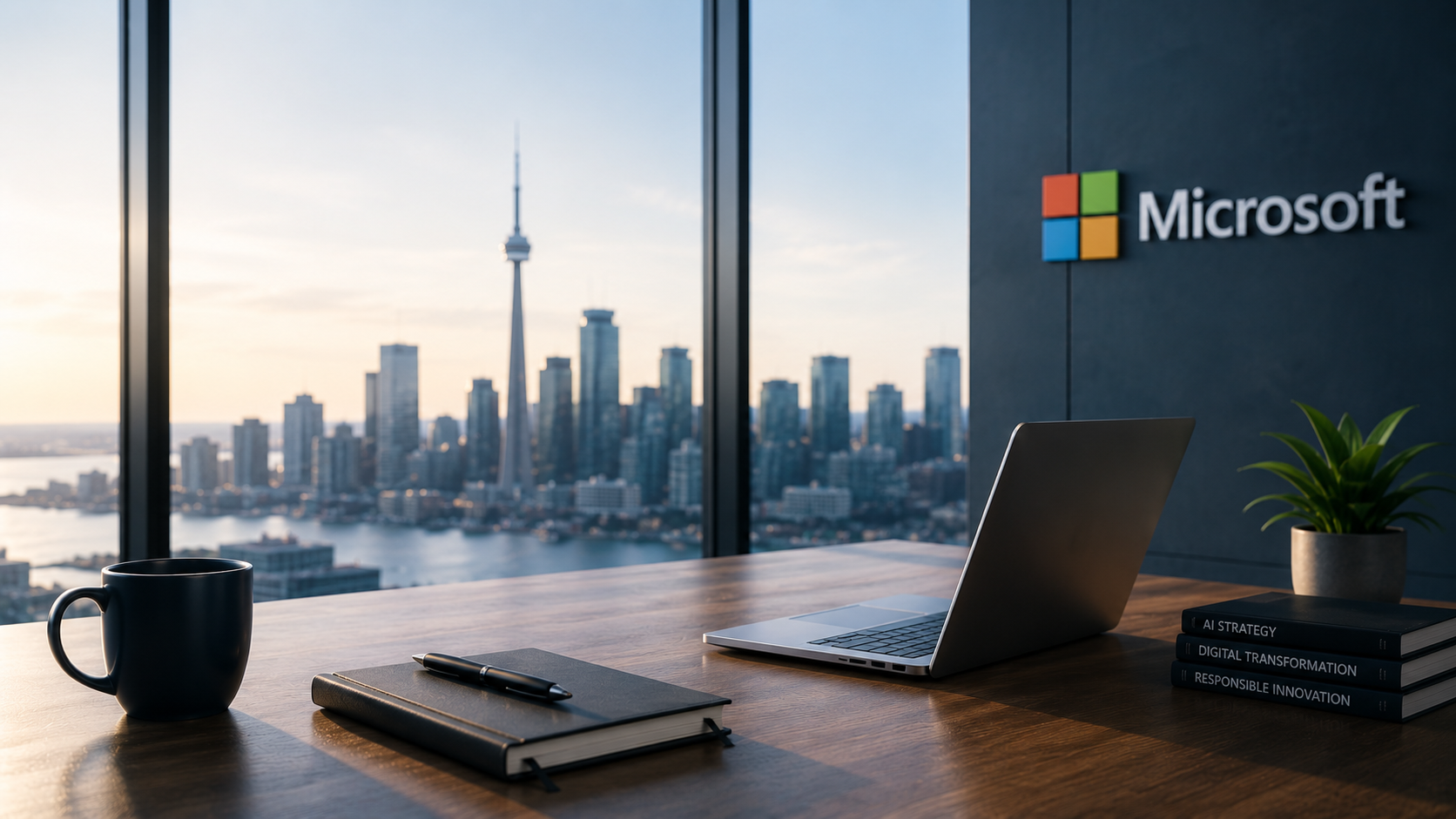 Executive workspace with Microsoft Surface laptop representing AI strategy and technology consulting.5d631bb98325