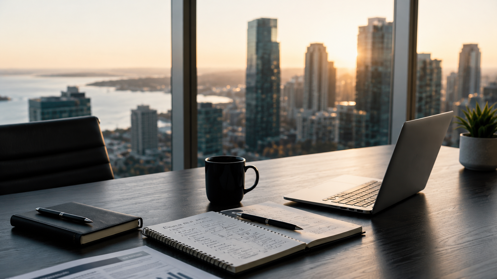Executive workspace overlooking a city skyline, representing thoughtful leadership, technology strategy, and business transformation