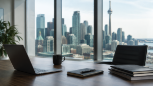Executive workspace overlooking a Canadian city skyline, representing technology consulting and successful project delivery.