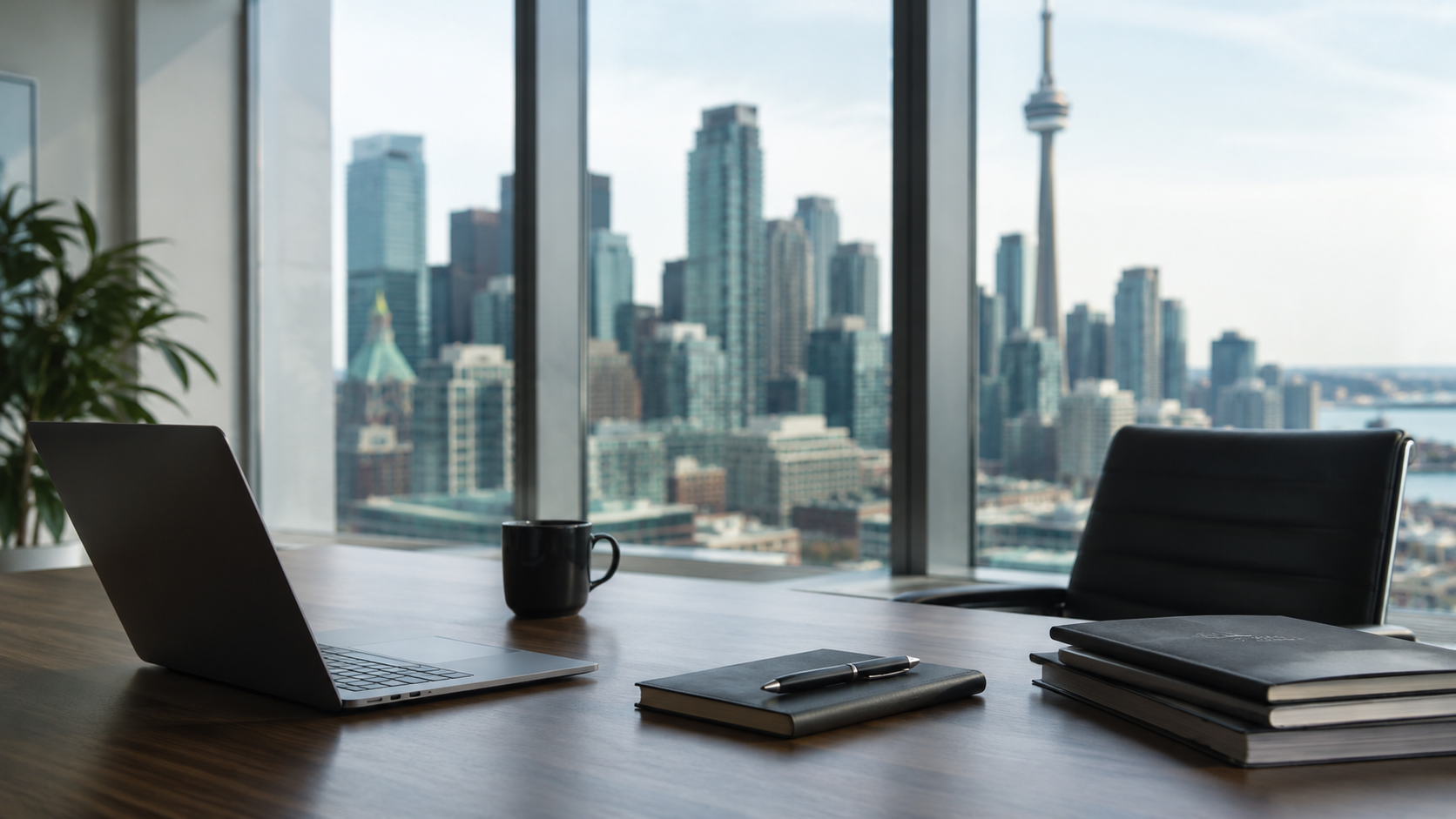Executive workspace overlooking a Canadian city skyline, representing technology consulting and successful project delivery.